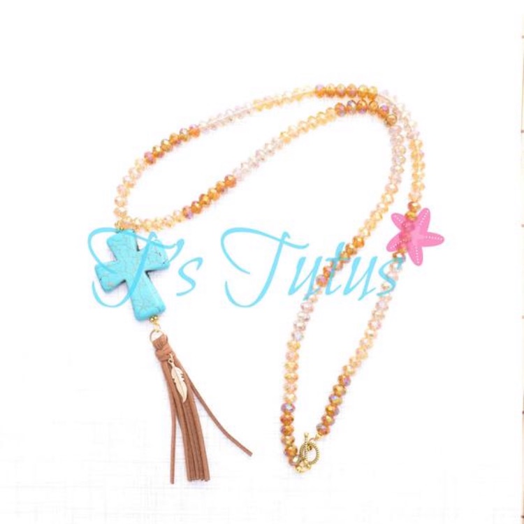 Turquoise Cross Tassel Crystal Beaded Necklace